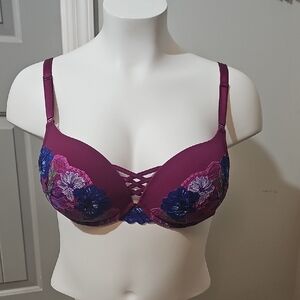 Torrid XO Boost Plunge Push-Up Bra-Navarra with Blue Floral Embroidery